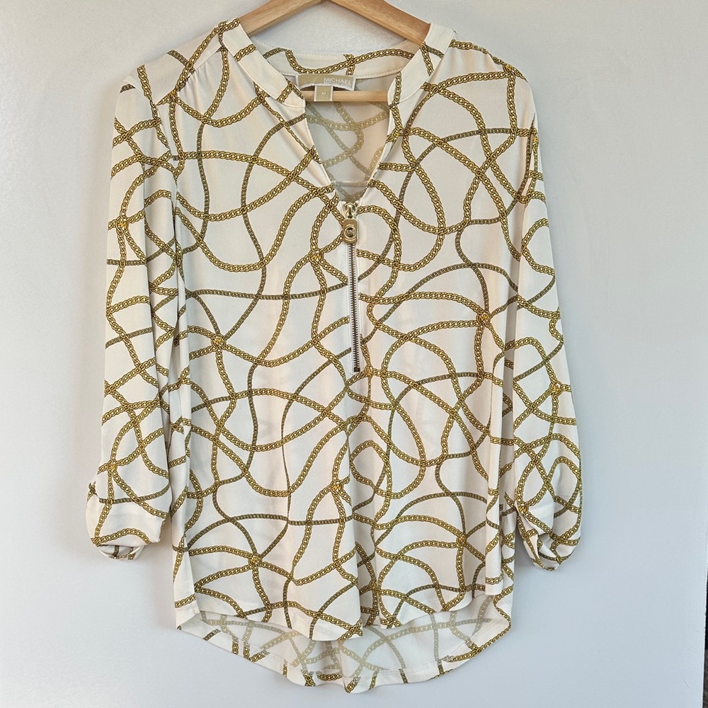 Michael Kors White and Gold Patterned Blouse gold chains